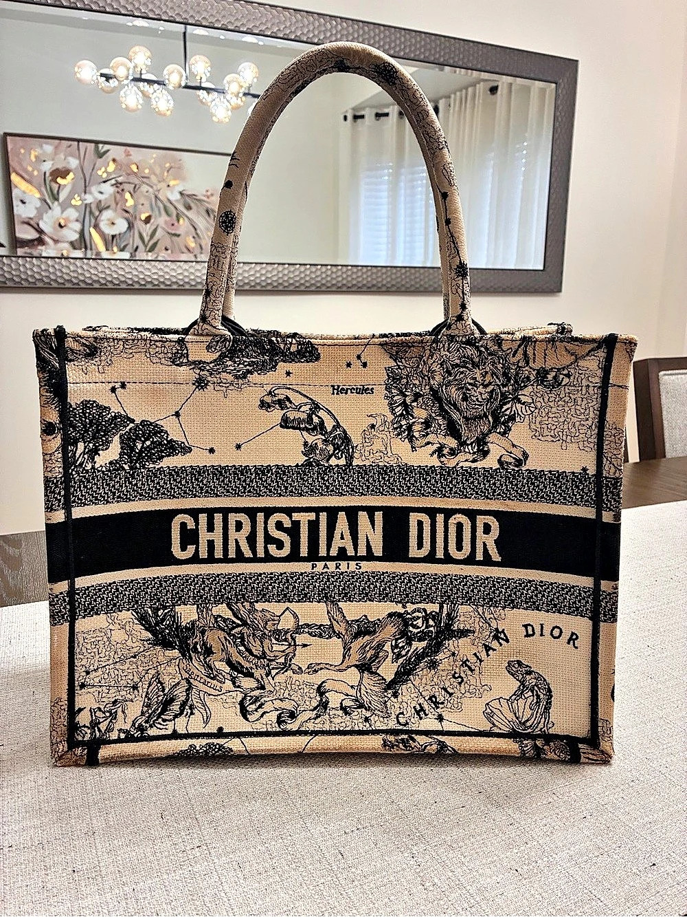 Christian Dior Canvas Zodiac Toile De Jouy Embroidered Medium Book Tote Latte